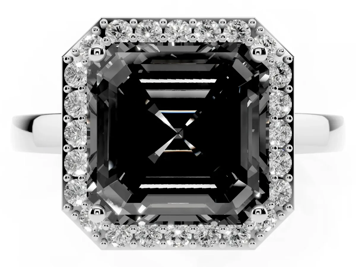 Fancy Black Asscher Cut Halo Diamond Ring with Solitaire Band and Prong Setting Silver