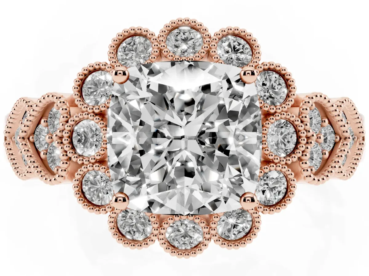 Cushion Cut Brilliant Milgrain Pave Heart Band Solitaire Ring Rose gold