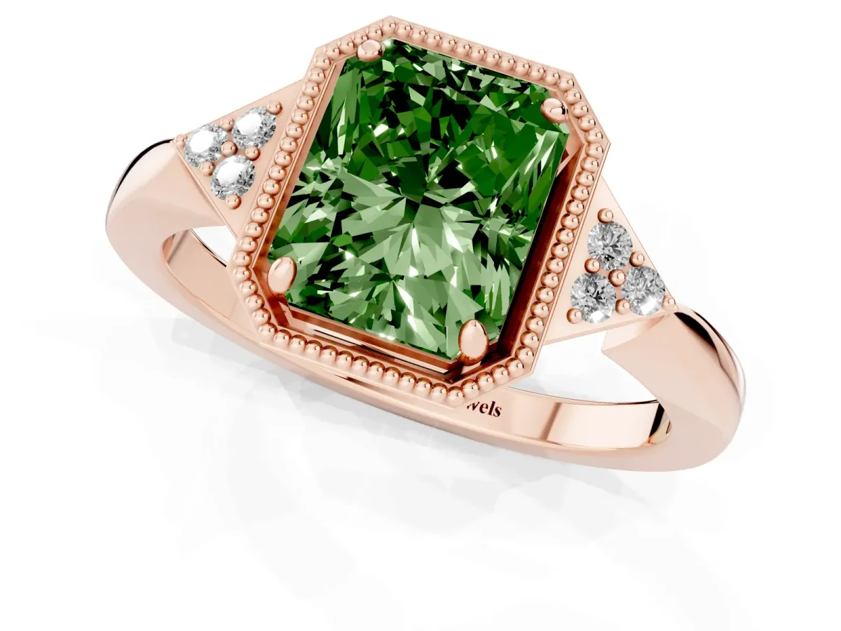 Fancy Green Hexagonal Halo Radiant Cut Diamond Solitaire with Pavé Band and Four-Prong Setting Rose gold
