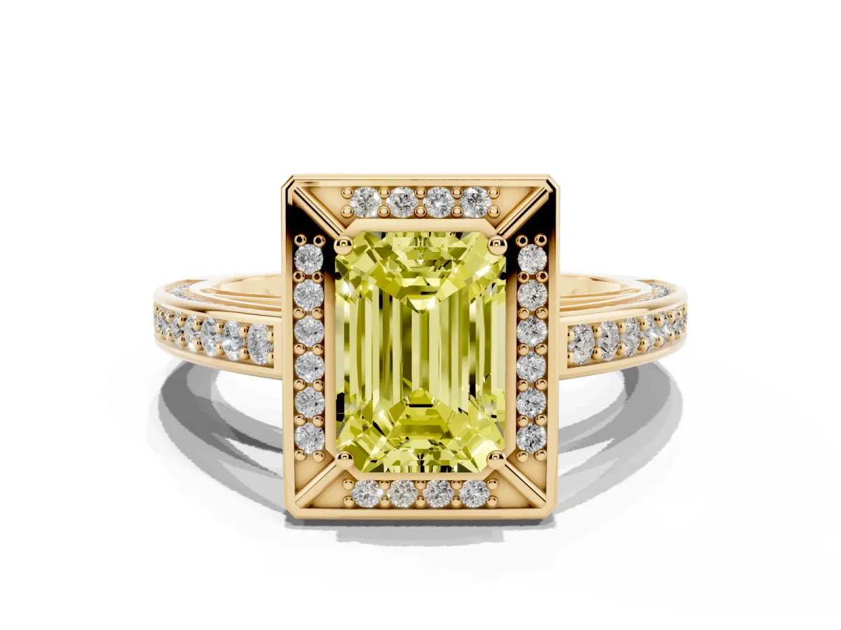 Fancy Yellow Emerald Cut Cut Halo Pave Split Shank Prong Setting Ring Yellow gold
