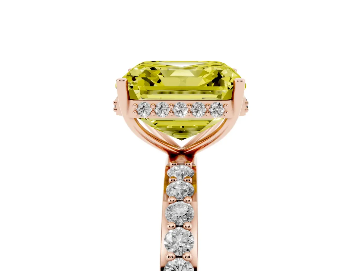 Fancy Yellow Asscher Cut Diamond Solitaire Ring with Pavé Band and Hidden Halo Rose gold