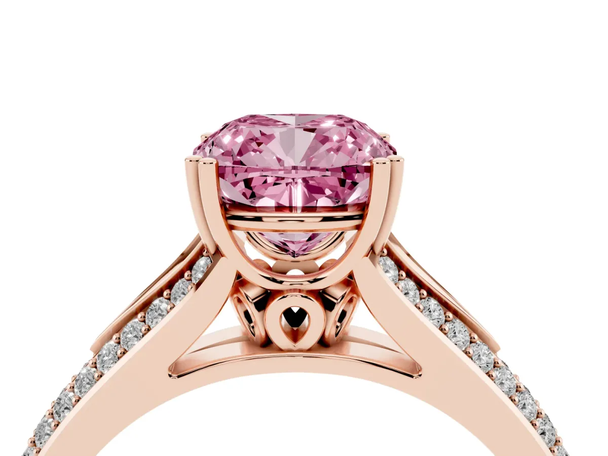 Fancy Pink Cushion Cut Diamond Split Shank Engagement Ring with Pavé Band Rose gold