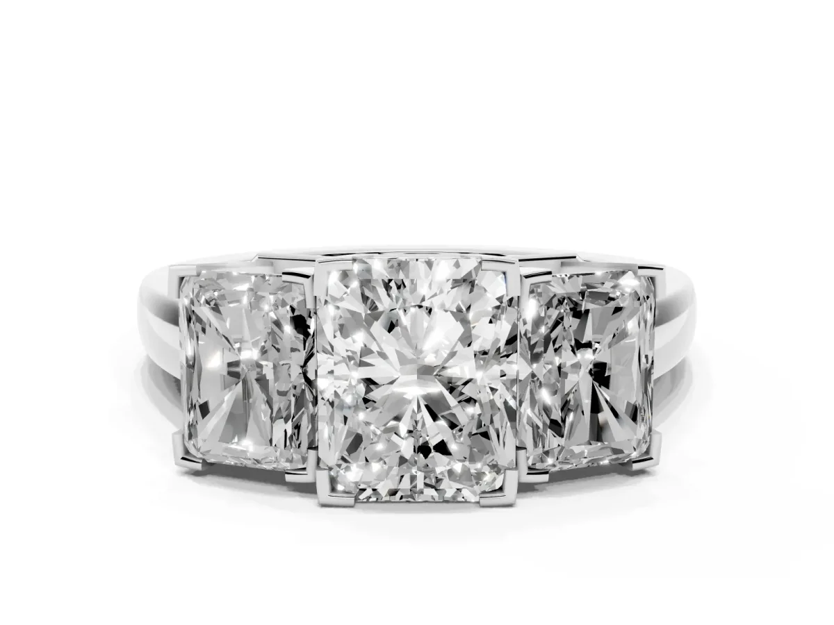 Three-Stone Radiant Cut Cut Diamond Ring with Channel Set Band and Four-Prong Setting Silver