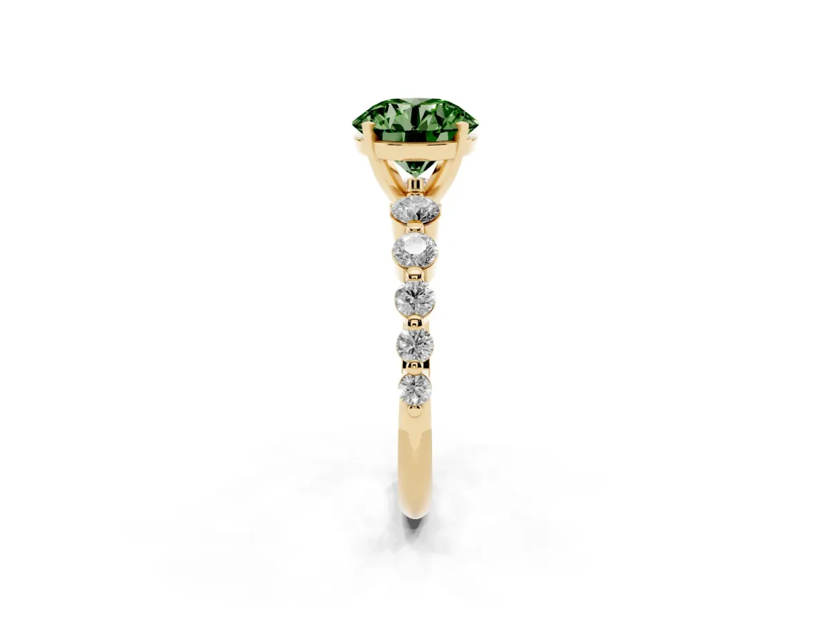 Fancy Green Round Cut Solitaire Diamond Ring with Pave Band and Four-Prong Setting Yellow gold