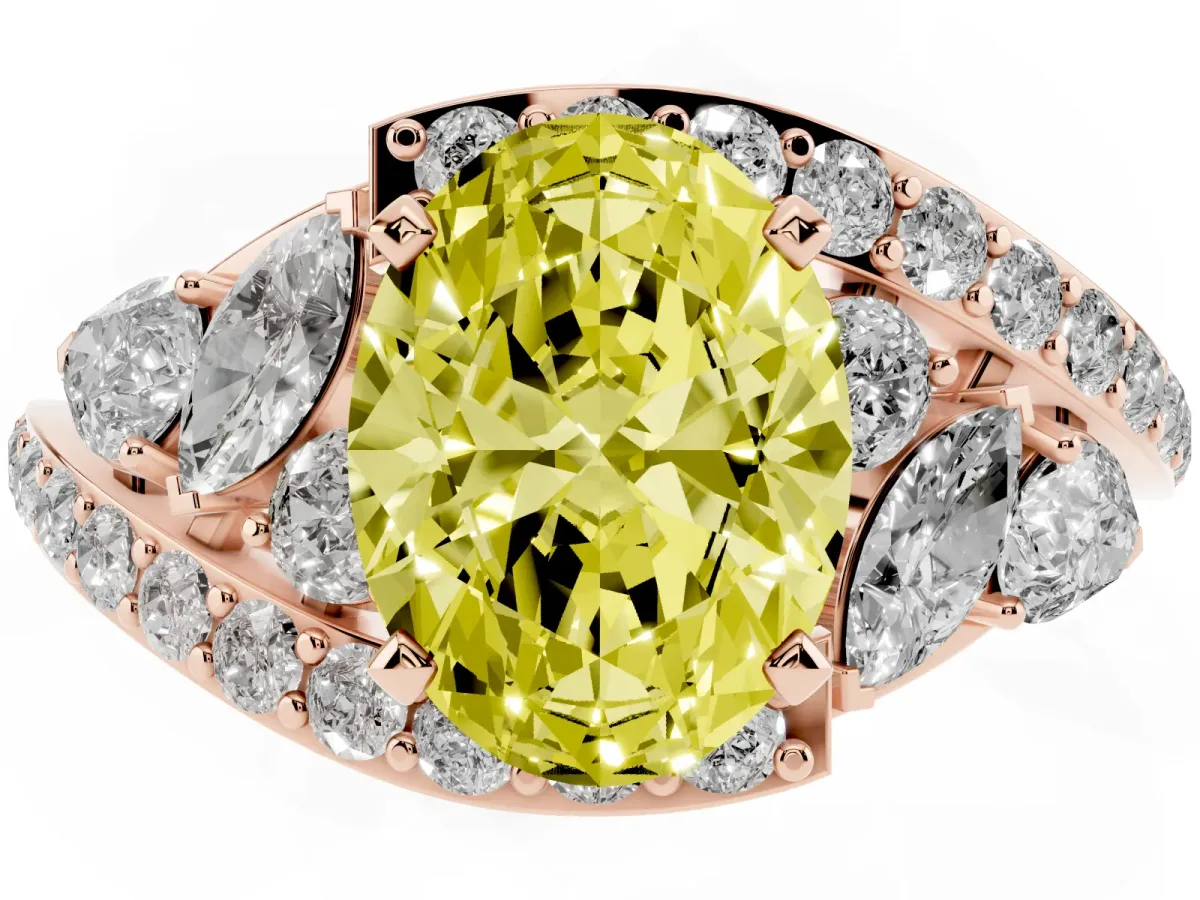 Fancy Yellow Oval Cut Diamond Halo Ring with Marquise and Pavé Band in Prong Setting Rose gold