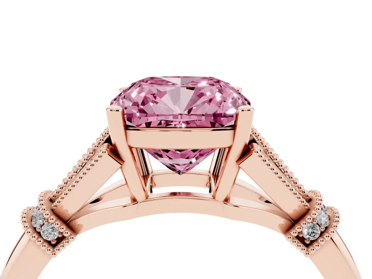Fancy Pink Cushion Cut Diamond Solitaire Ring with Floral Filigree and Pave Accents Rose gold