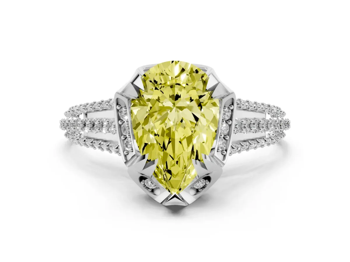 Fancy Yellow Pear Cut Solitaire Pave Split Shank Ring with Four-Prong Setting Silver