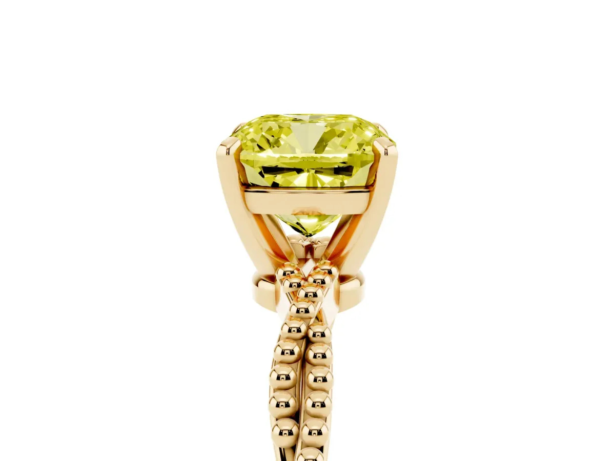 Fancy Yellow Cushion Cut Solitaire Twisted Band with Bead Prong Setting Yellow gold