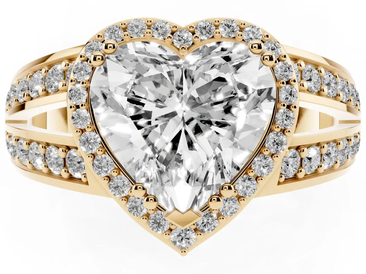 Heart Cut Diamond Halo Ring with Split Shank Pavé Band and Four-Prong Setting Yellow gold