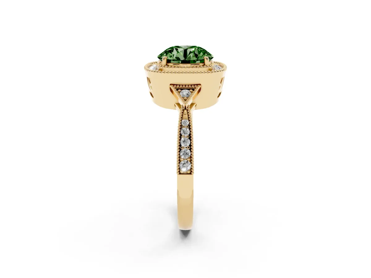 Fancy Green Round Cut Halo Round Diamond Milgrain Pave Engagement Ring Yellow gold
