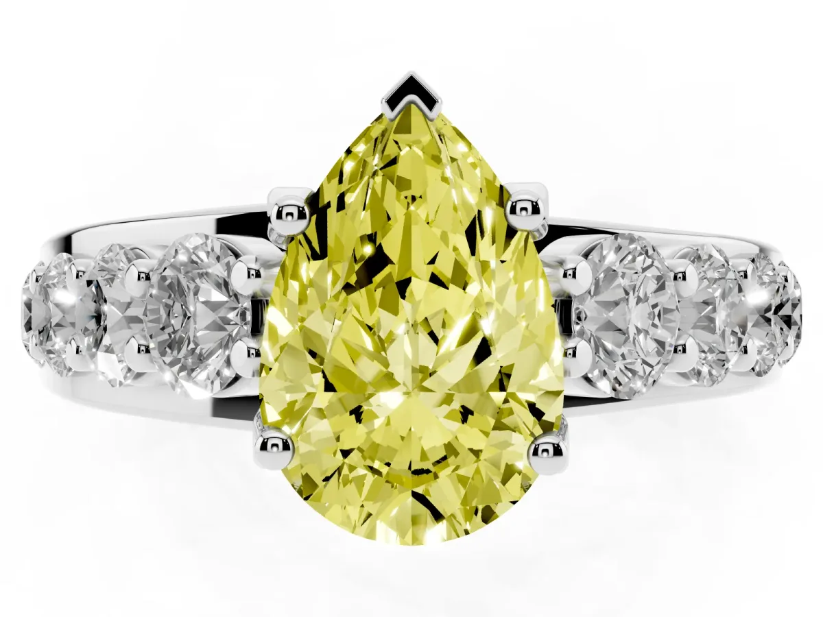 Fancy Yellow Pear Cut Diamond Engagement Ring with Pavé Band and Four-Prong Setting Silver