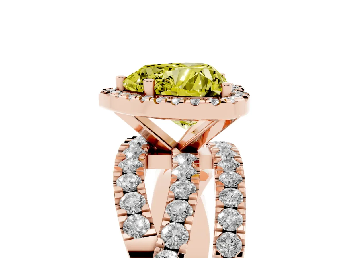 Fancy Yellow Heart Cut Diamond Halo Ring with Round Split Shank and Prong Setting Rose gold
