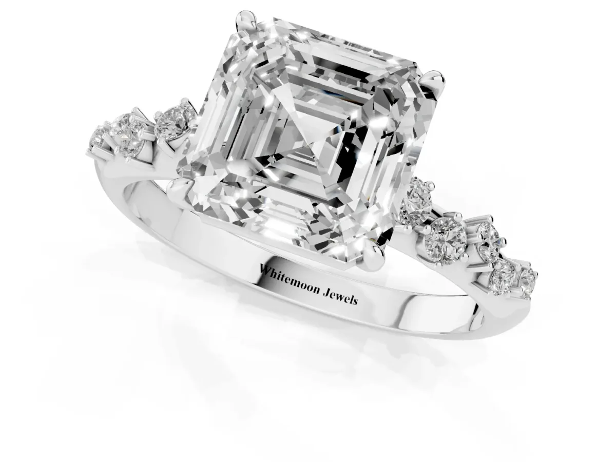 Asscher Cut Diamond Cluster Side Stone Solitaire Ring with Prong Setting Platinum