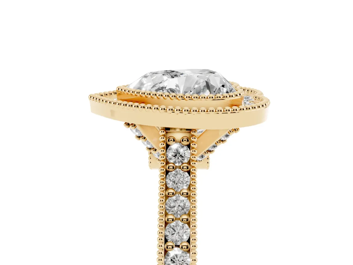 Halo Heart Cut-Cut Diamond Pave Band Milgrain Prong Setting Ring Yellow gold