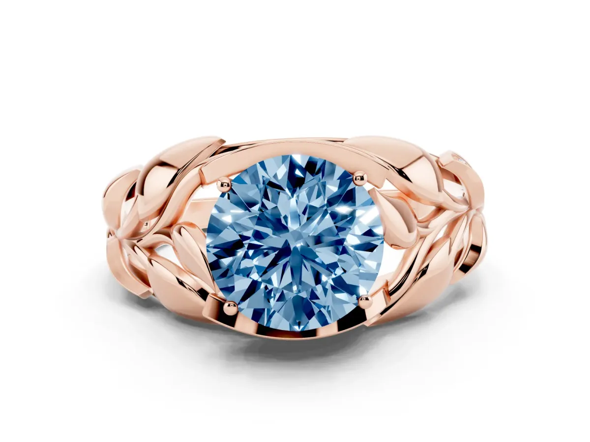 Fancy Blue Round Cut Diamond Leaf-Inspired Engagement Ring with Round Accents and Prong Setting Rose gold