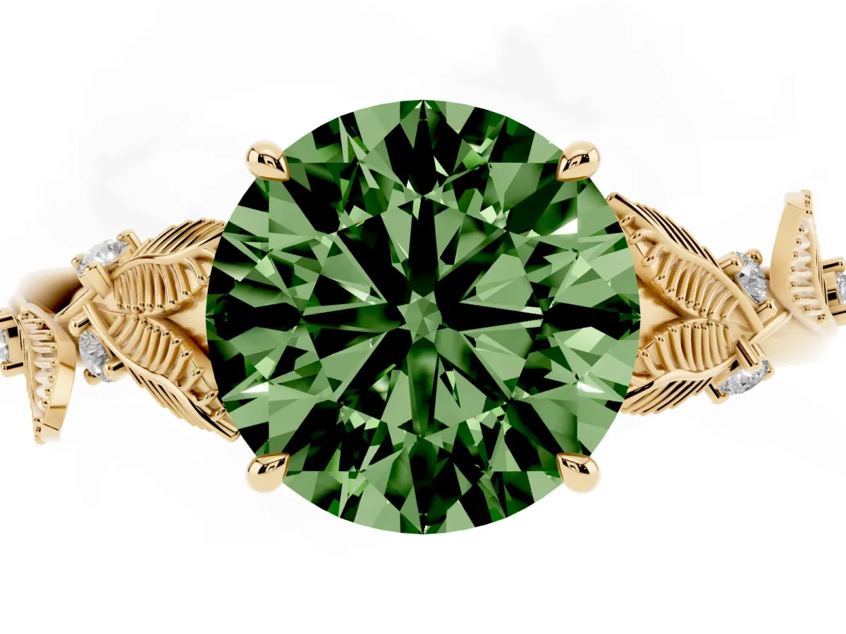 Fancy Green Round Cut Diamond Solitaire Ring with Leaf Motif Band and Four-Prong Setting Yellow gold