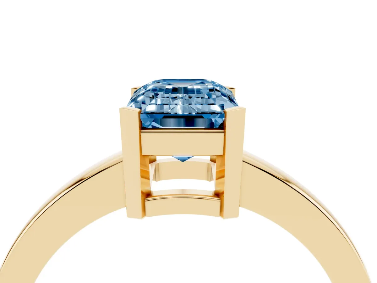 Fancy Blue Emerald Cut Cut Solitaire Ring with Four-Prong Setting and Classic Band Yellow gold
