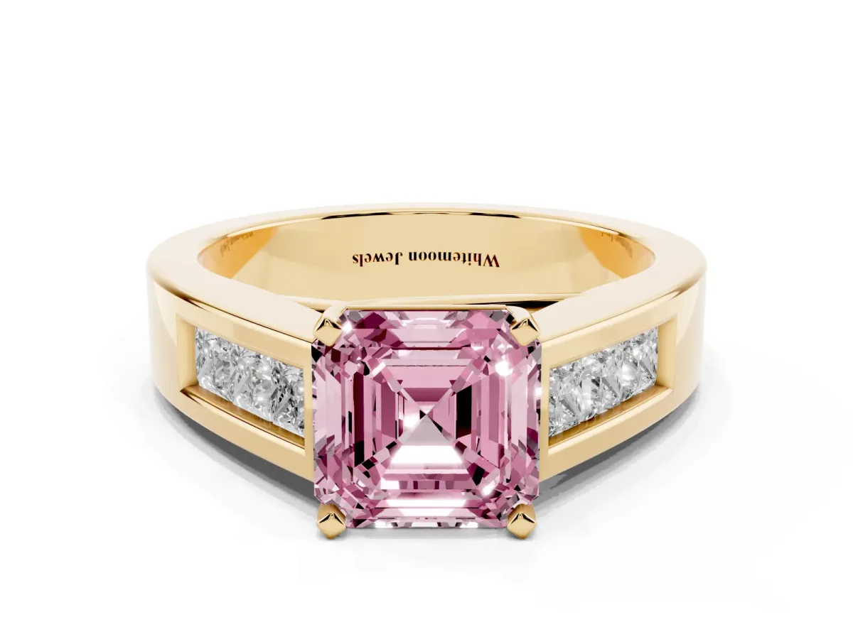 Fancy Pink Asscher Cut Cut Channel Set Solitaire Ring with Four-Prong Setting Yellow gold