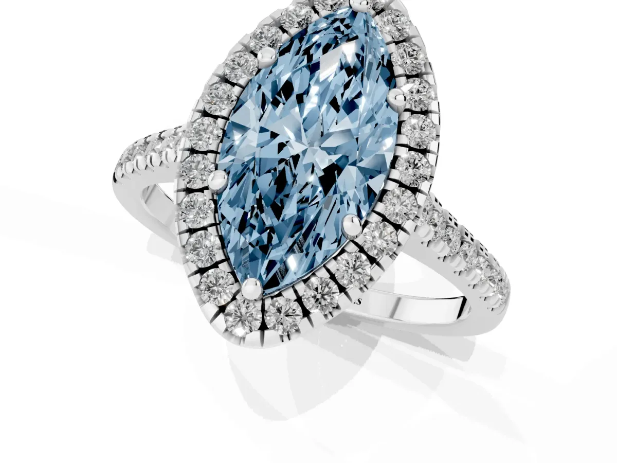 Fancy Blue Marquise Cut Diamond Cushion Halo Ring with Pavé Band Platinum