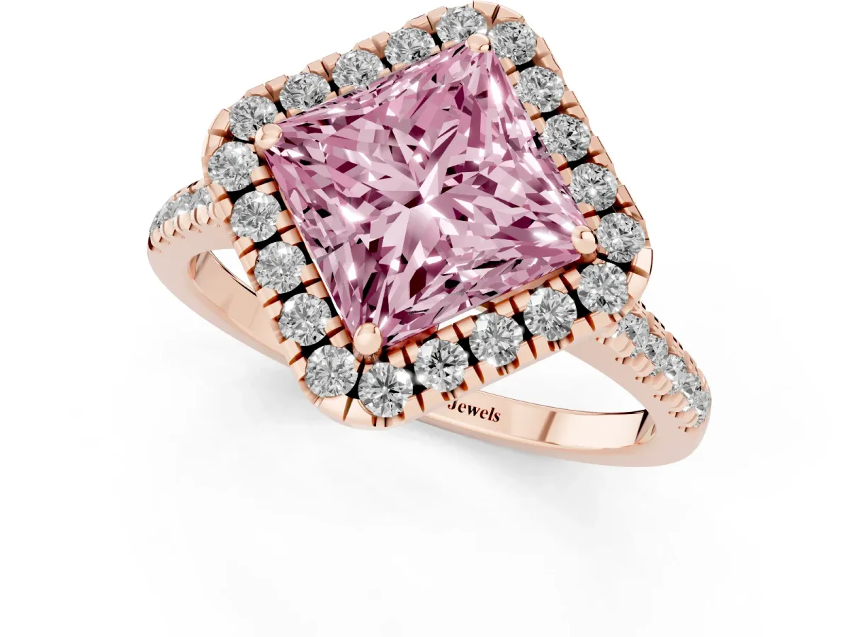 Fancy Pink Princess Cut Diamond Cushion Halo Ring with Pavé Band Rose gold