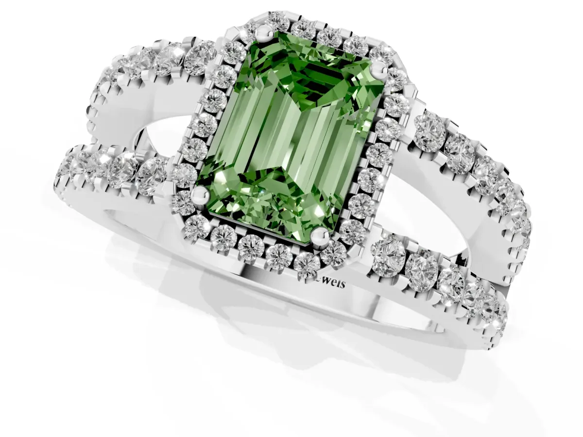 Fancy Green Emerald Cut Cut Halo Split Shank Diamond Ring with Four-Prong Setting Platinum