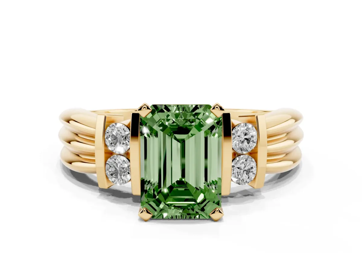Fancy Green Emerald Cut Cut Three-Stone Channel Set Ring with Bar Prongs Yellow gold