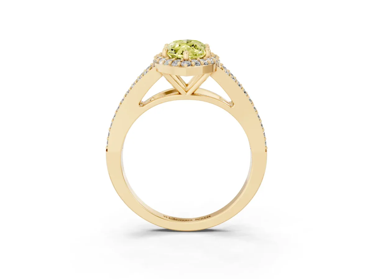 Fancy Yellow Marquise Cut Halo Split Shank Pave Diamond Ring with Four-Prong Setting Yellow gold