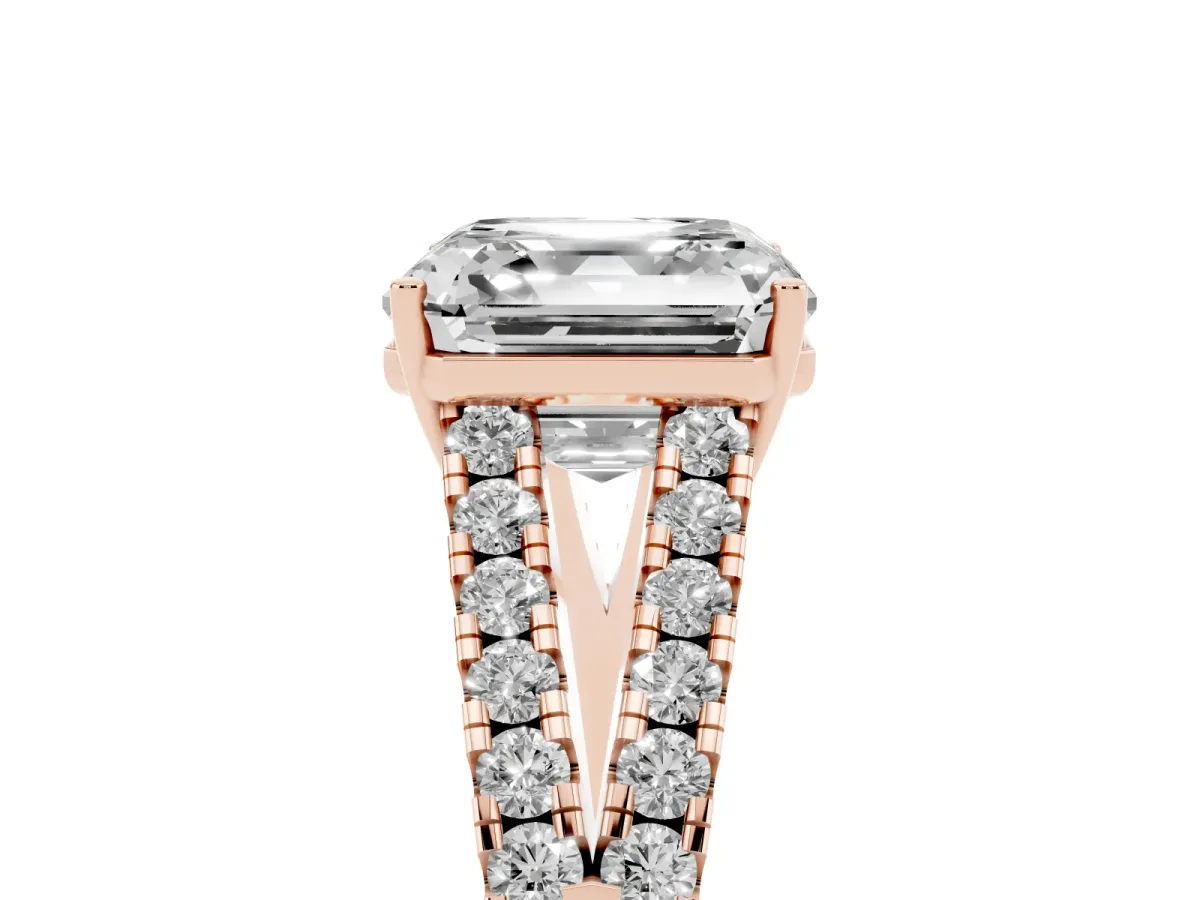 Asscher Cut Diamond Split Shank Engagement Ring with Round Pavé and Prong Setting Rose gold