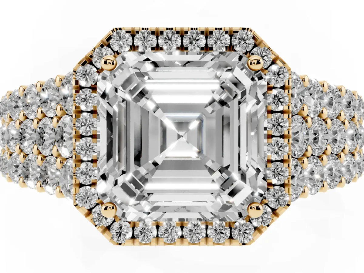 Asscher Cut Diamond Halo Engagement Ring with Triple Row Round Pavé Band and Prong Setting Yellow gold