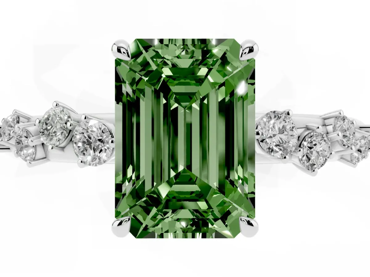 Fancy Green Emerald Cut Diamond Cluster Prong-Set Solitaire Ring White gold