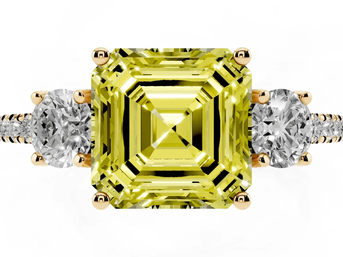 Fancy Yellow Three-Stone Asscher Cut Cut Diamond Pavé Band with Prong Setting Yellow gold