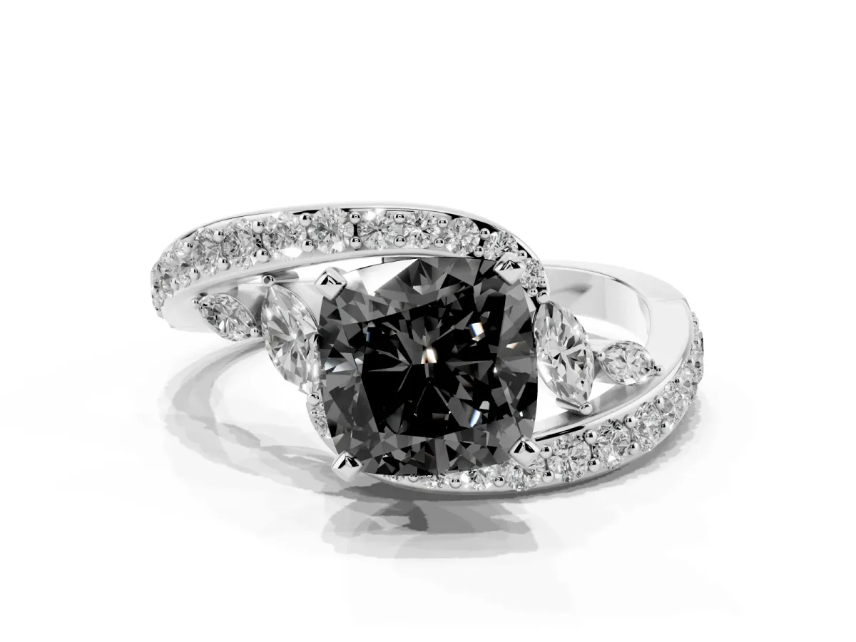 Fancy Black Cushion Cut Diamond Solitaire Ring with Filigree Band and Four-Prong Setting Silver