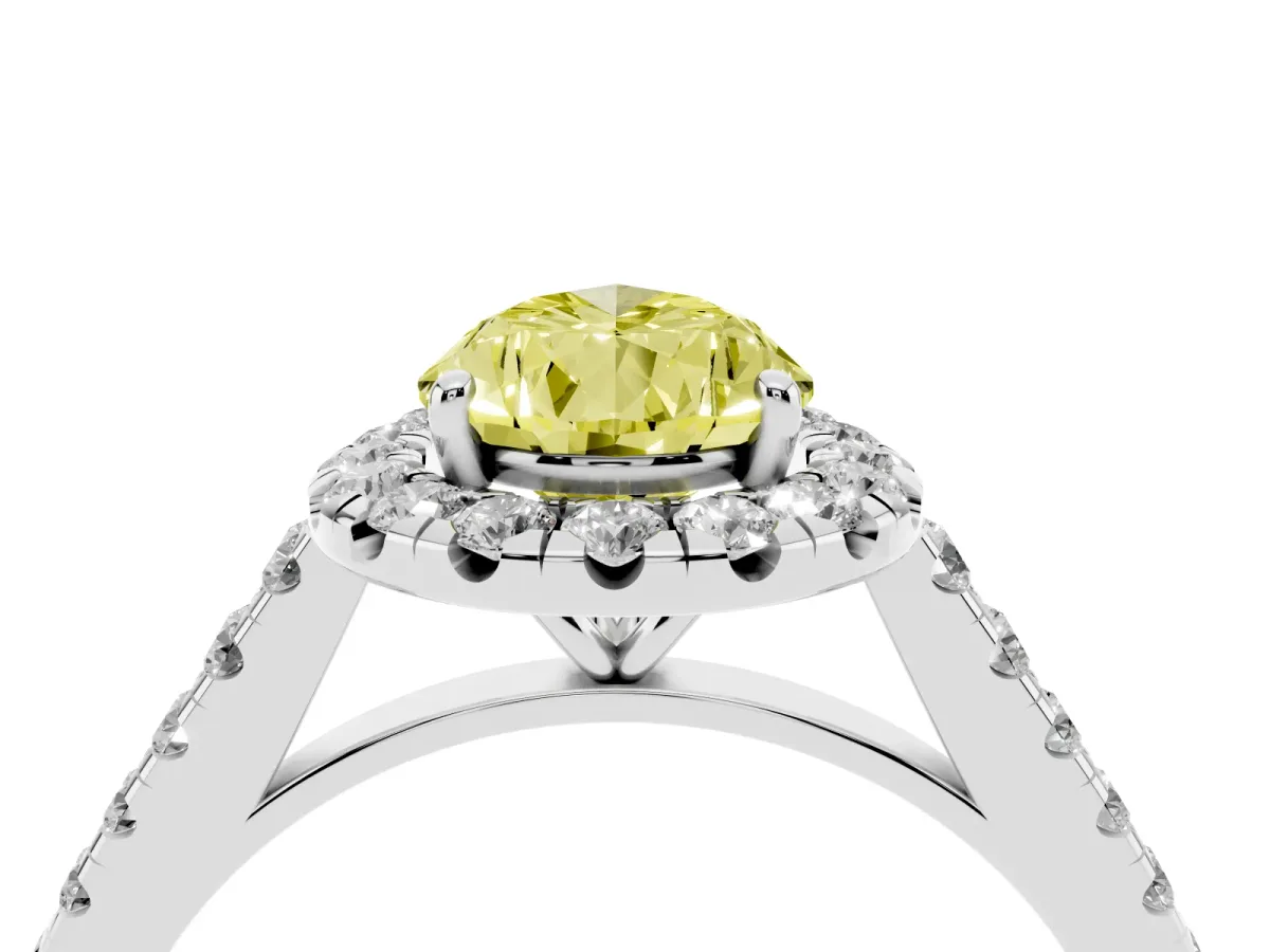 Fancy Yellow Pear Cut Halo Pave Diamond Engagement Ring with Four-Prong Setting Silver