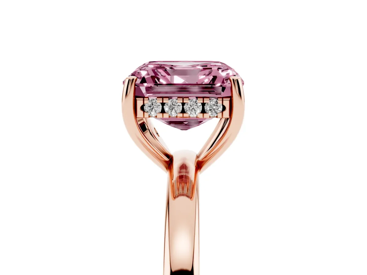 Fancy Pink Asscher Cut Solitaire Diamond Ring with Prong Setting and Plain Band Rose gold