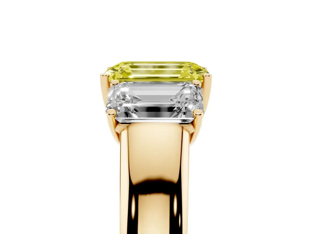 Fancy Yellow Three-Stone Emerald Cut Cut Diamond Ring with Prong Setting and Classic Band Yellow gold