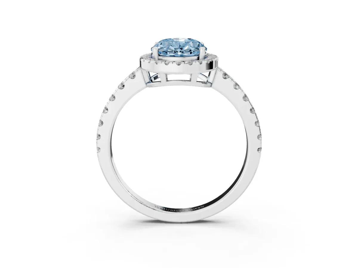 Fancy Blue Oval Cut Diamond Halo Ring with Pavé Band and Four-Prong Setting White gold