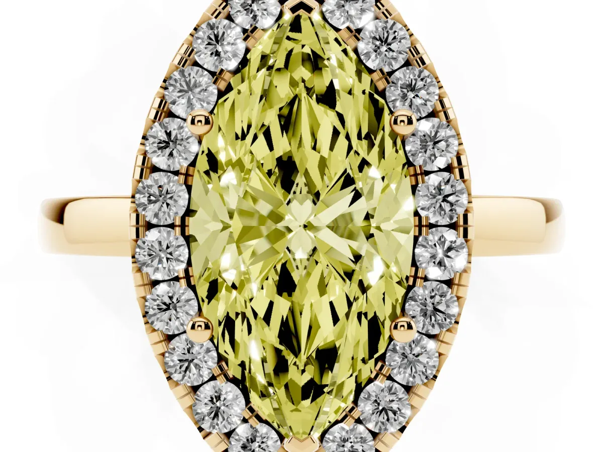 Fancy Yellow Marquise Cut Halo Diamond Solitaire with Pavé Band and Four-Prong Setting Yellow gold