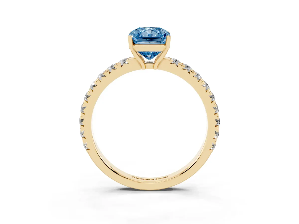 Fancy Blue Radiant Cut Diamond Pavé Solitaire Engagement Ring with Four-Prong Setting Yellow gold