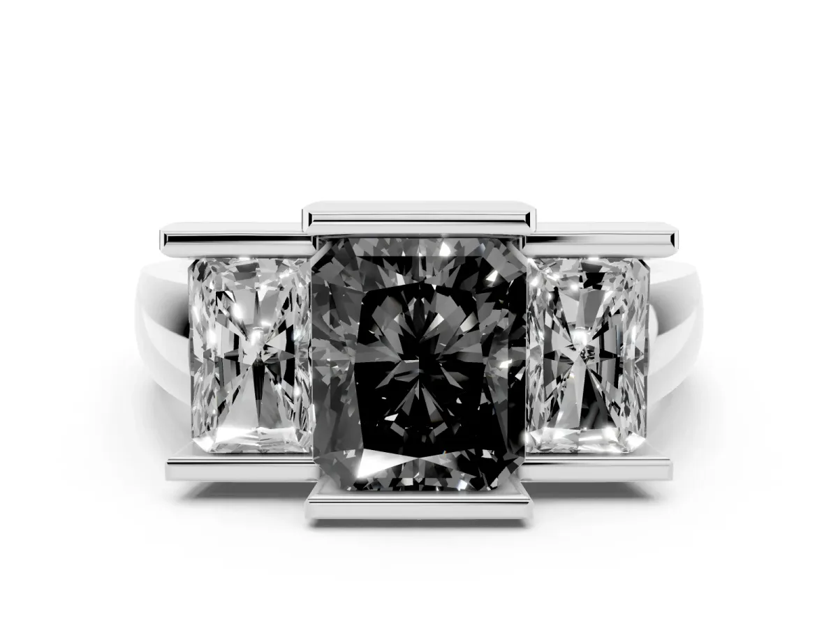 Fancy Black Three Stone Radiant Cut Cut Channel Set Diamond Ring Silver