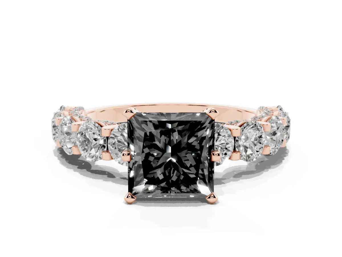 Fancy Black Princess Cut Diamond Side Stone Engagement Ring with Four-Prong Setting Rose gold