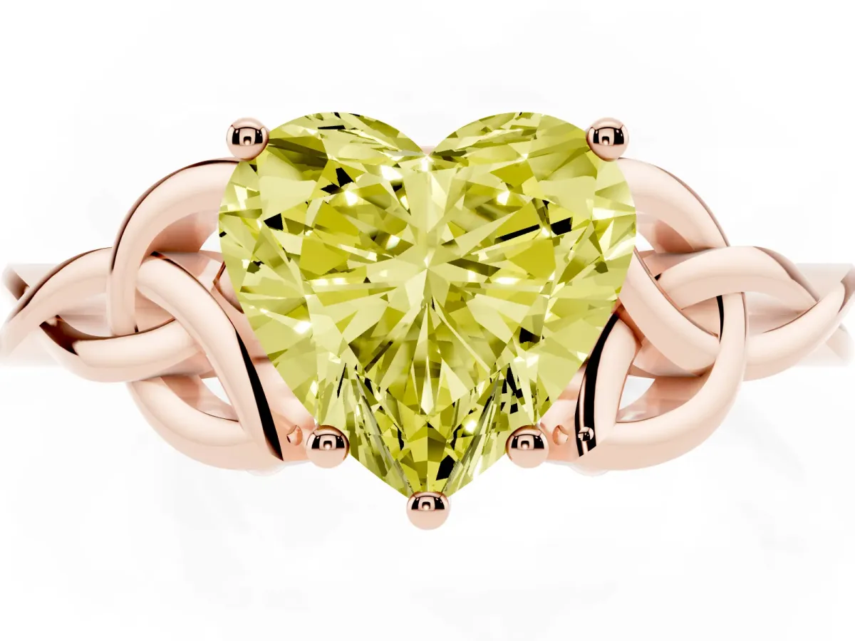 Fancy Yellow Heart Cut Diamond Solitaire Engagement Ring with Celtic Knot Band and Four-Prong Setting Rose gold