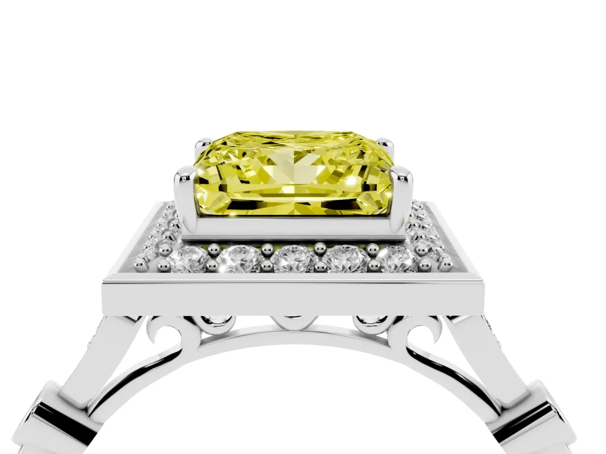 Fancy Yellow Princess Cut Halo Diamond Engagement Ring with Twisted Band and Four-Prong Setting Silver