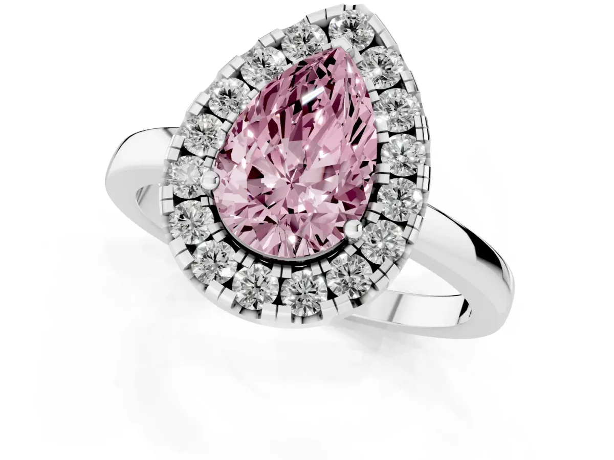 Fancy Pink Pear Cut Halo Diamond Solitaire with Pavé Band and Four-Prong Setting Platinum
