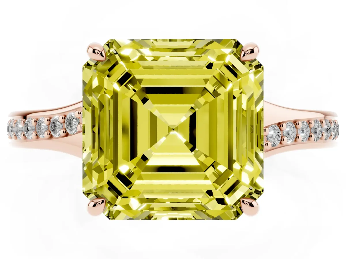 Fancy Yellow Asscher Cut Diamond Solitaire Ring with Pavé Band and Prong Setting Rose gold
