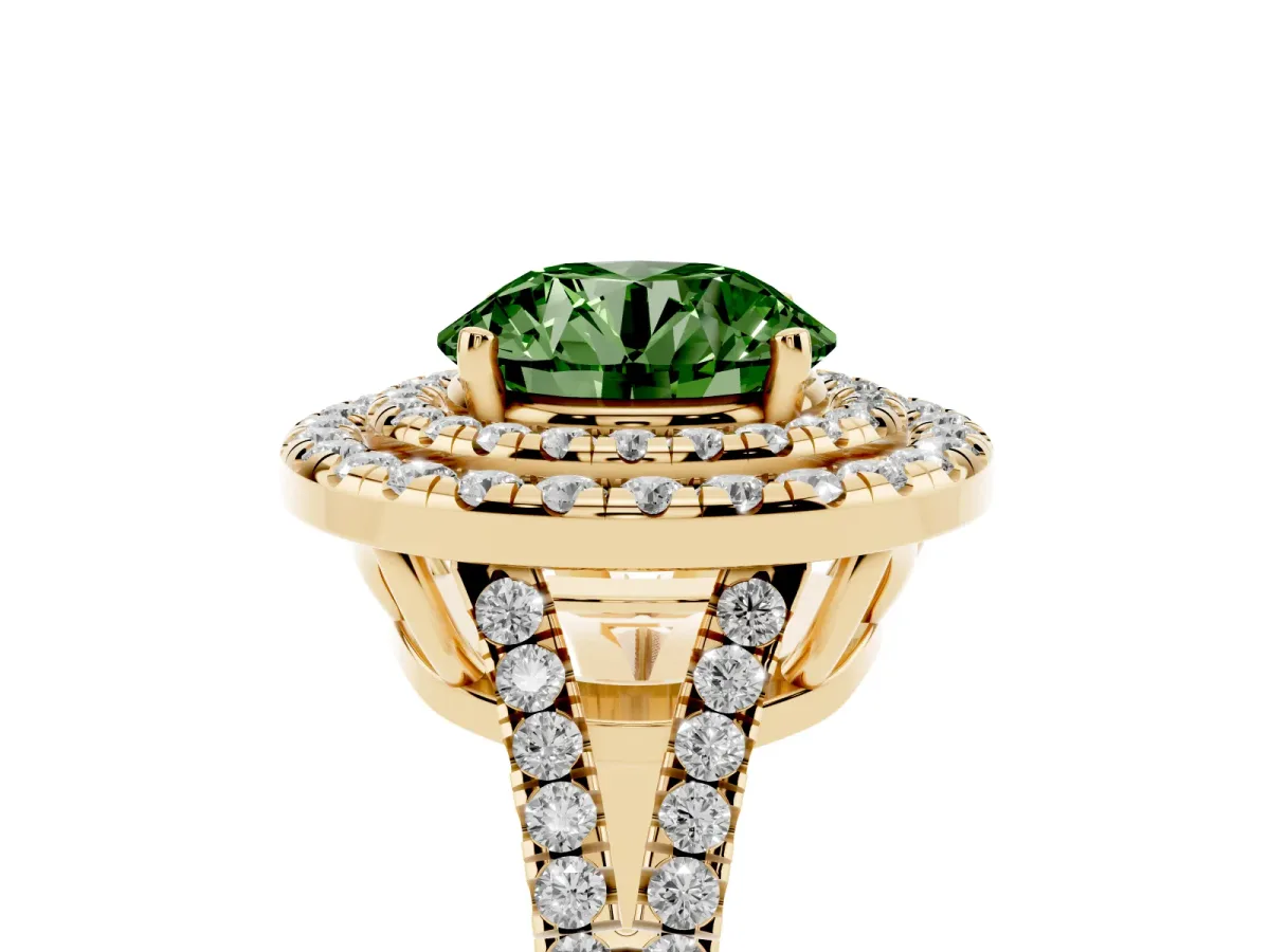 Fancy Green Round Cut Diamond Double Halo Ring with Pavé Band and Prong Setting Yellow gold
