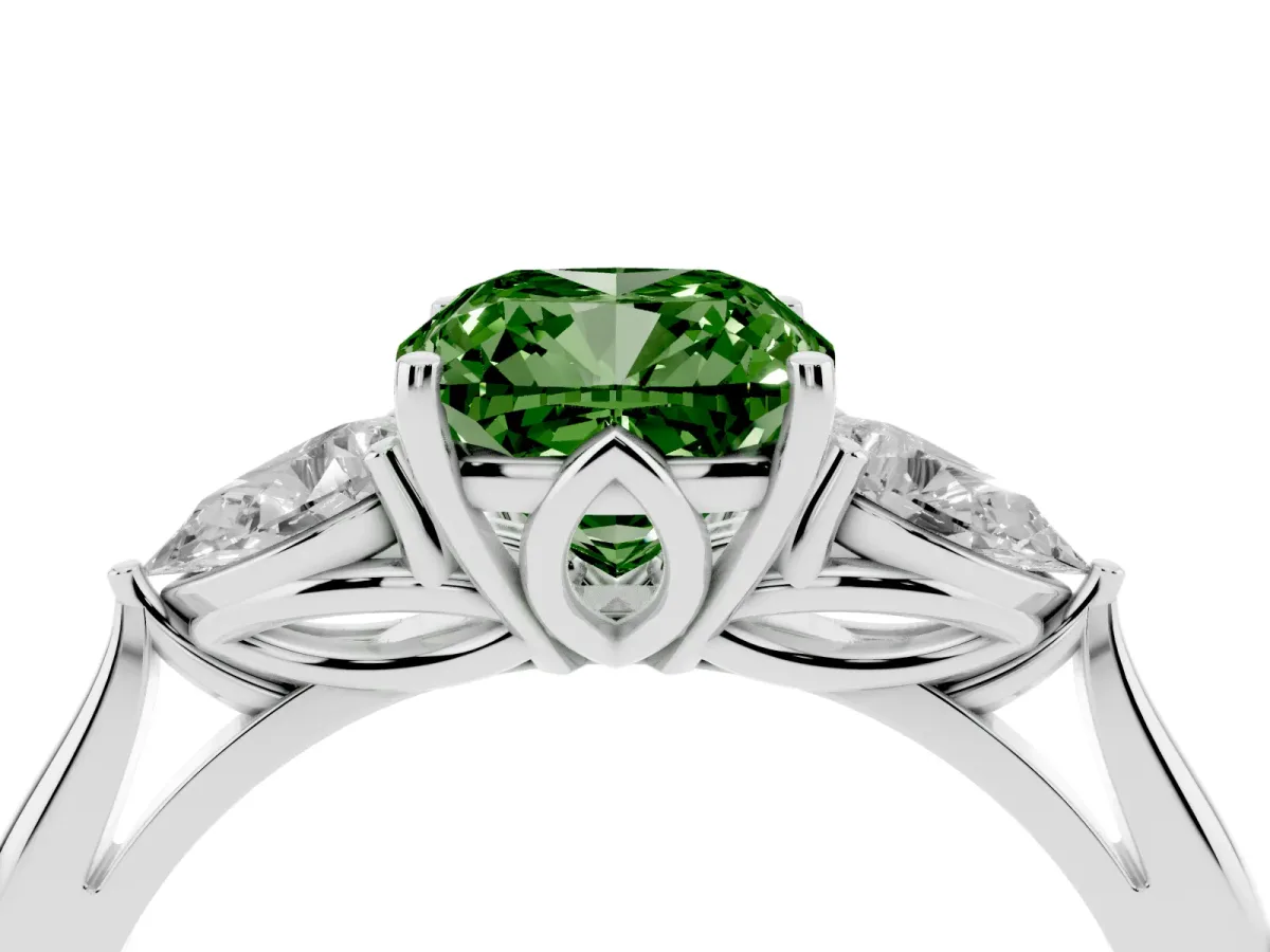 Fancy Green Cushion Cut Diamond Three-Stone Ring with Pear Side Stones and Prong Setting Silver