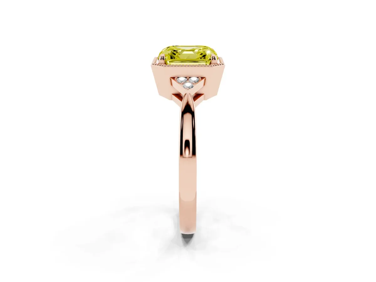 Fancy Yellow Hexagonal Halo Asscher Cut Diamond Solitaire with Pavé Band and Four-Prong Setting Rose gold