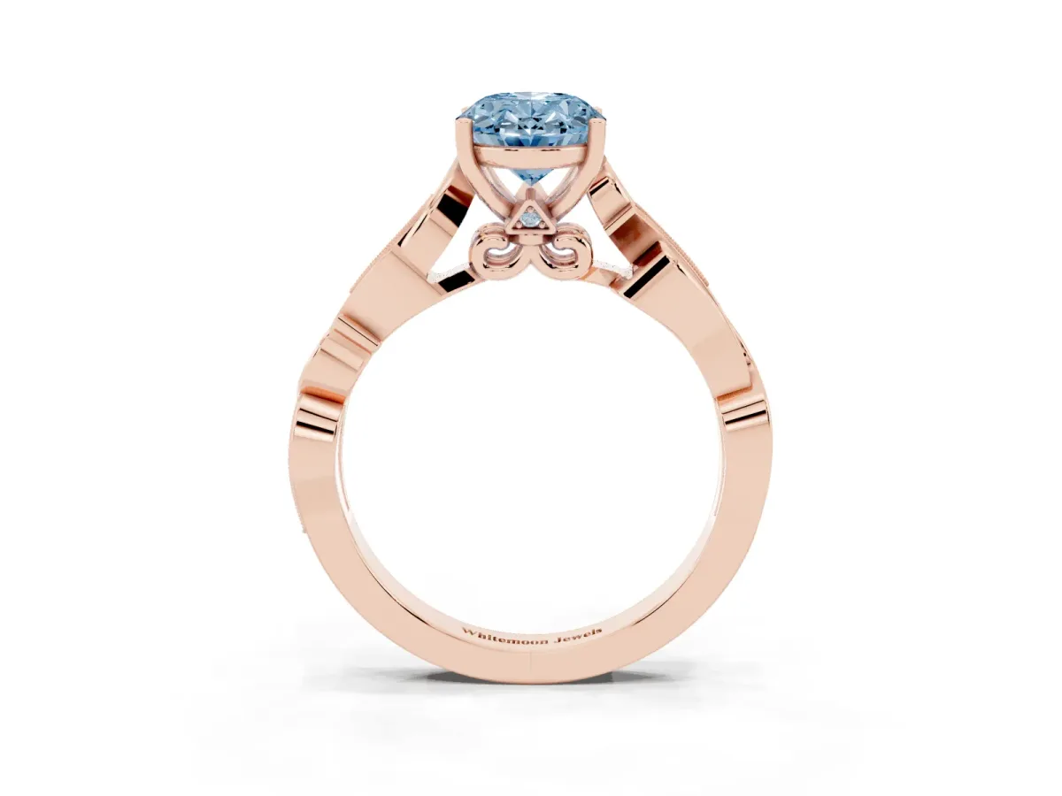 Fancy Blue Oval Cut Solitaire Vine Band with Milgrain Prong Setting Rose gold
