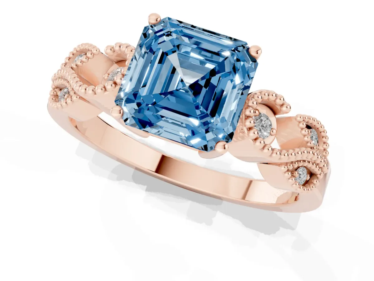 Fancy Blue Asscher Cut Solitaire Milgrain Leaf Band with Prong Setting Rose gold