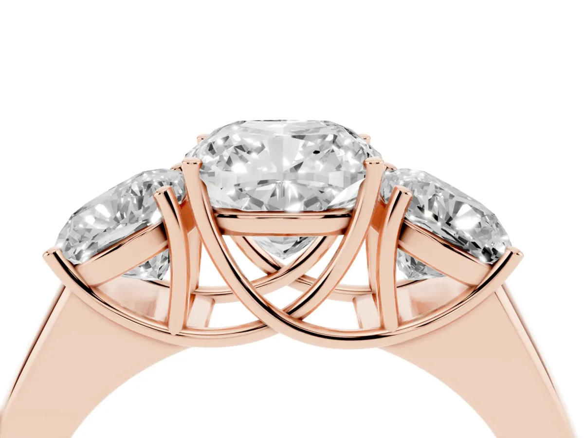 Three-Stone Cushion Cut Cut Diamond Ring with Prong Setting and Classic Band Rose gold